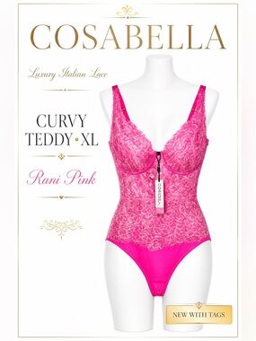 Cosabella Women’sPret-A-Porter Curvy Teddy Rani Pink Lace Bodysuit Lingerie NWT